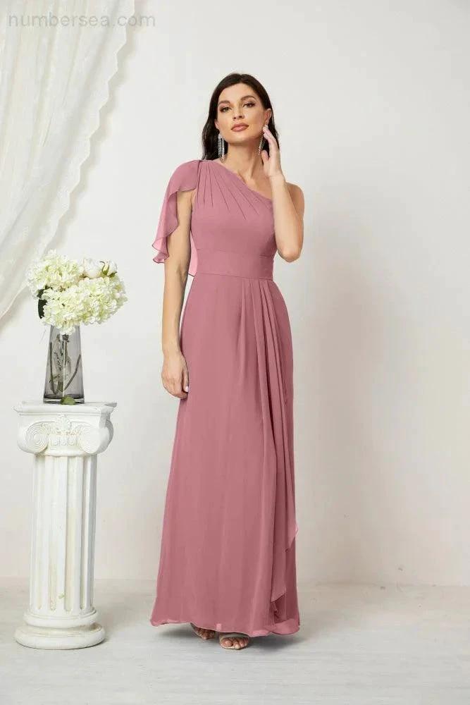 ZapDress Chiffon Ruffled One Shoulder Long Bridesmaid Dresses A-line Formal Evening Gown Side Split 2809 (ZD17049)