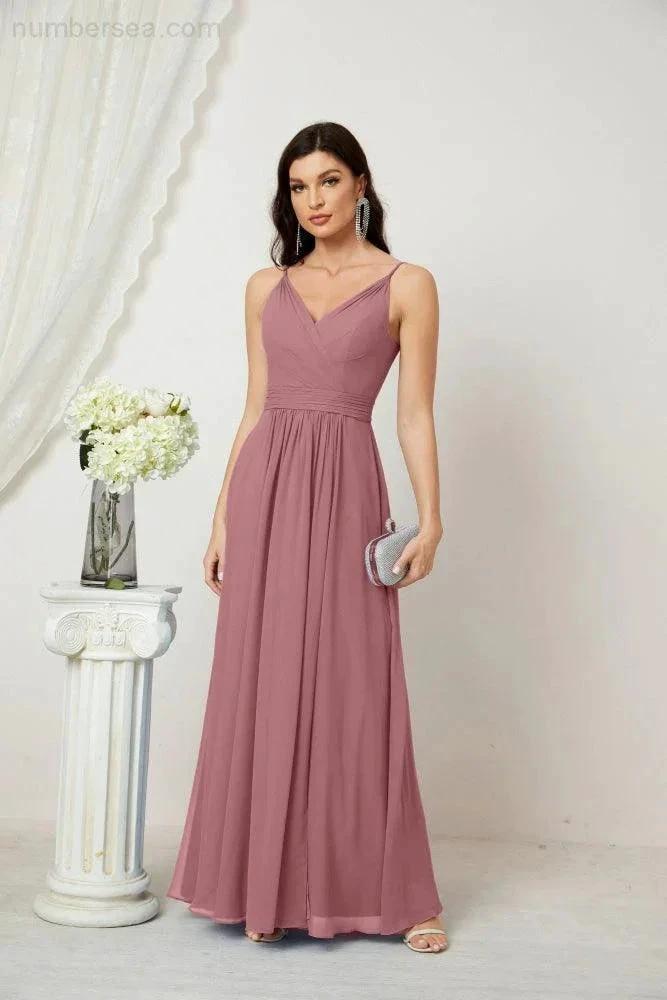 ZapDress Chiffon V-Neck Bridesmaid Dress Spaghetti Strap Long Formal Party Prom Gowns with Slit 28010 (ZD17028)