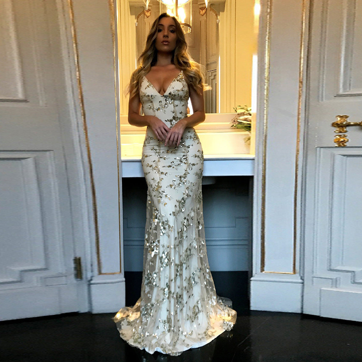 Wedding Sequin Gauze Slim Fit Trailing Backless Formal Dress