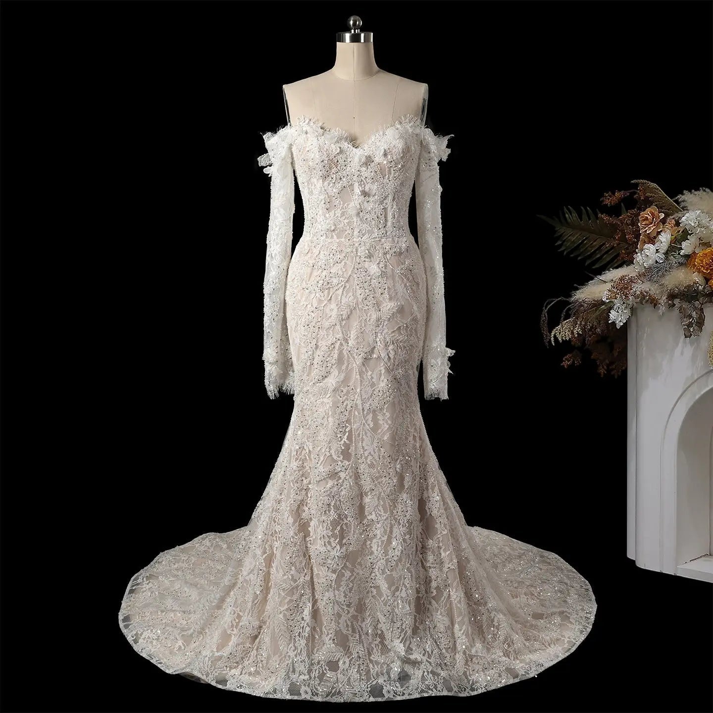 Bohemian Ivory Off-the-Shoulder Sheer Lace Mermaid Wedding Dress with Veil ZP128