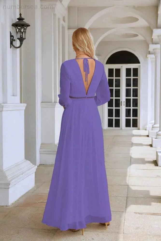 Ladies V Neck Chiffon Long Sleeve Front Slit Bridesmaid Evening Dress Wedding Party Shopping Evening Dress 28109 (ZD16991)