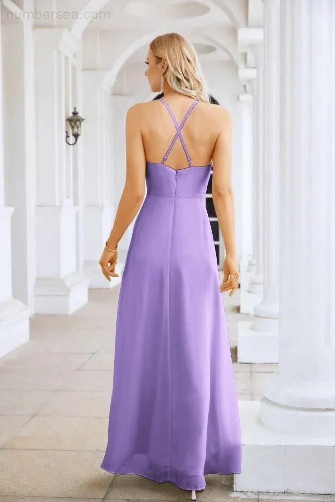 Ladies Chiffon Spaghetti Strap V Neck Front Slit Floor Length Bridesmaid Evening Dress Prom Party Wedding Evening Dress 28116 (ZD17012)