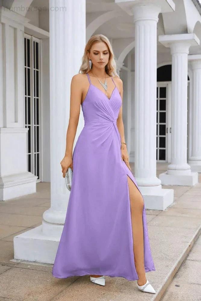 Ladies Chiffon Spaghetti Strap V Neck Front Slit Floor Length Bridesmaid Evening Dress Prom Party Wedding Evening Dress 28116 (ZD17012)