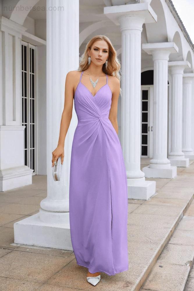 Ladies Chiffon Spaghetti Strap V Neck Front Slit Floor Length Bridesmaid Evening Dress Prom Party Wedding Evening Dress 28116 (ZD17012)