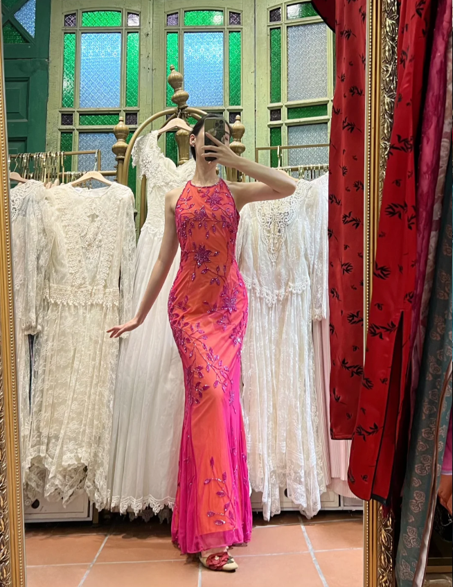 Retro Orange-Pink Mermaid Halter Neck Backless Beaded Tulle Long Prom Dress Evening Dress - VelvetHem