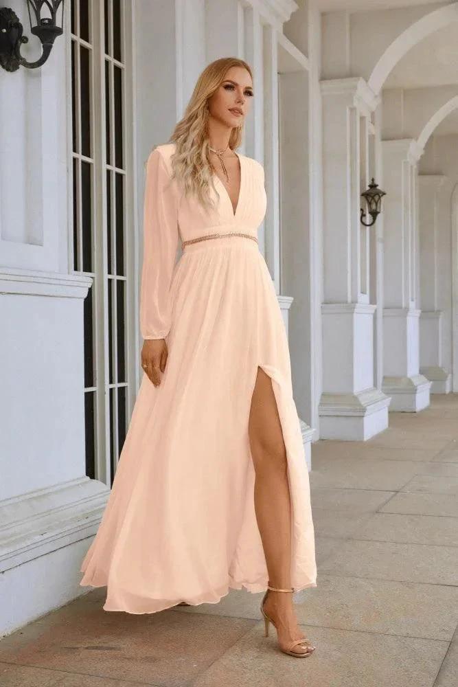 Ladies V Neck Chiffon Long Sleeve Front Slit Bridesmaid Evening Dress Wedding Party Shopping Evening Dress 28109 by numbersea