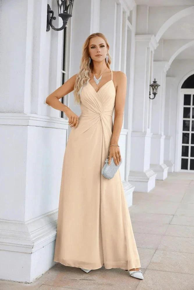 Ladies Chiffon Spaghetti Strap V Neck Front Slit Floor Length Bridesmaid Evening Dress Prom Party Wedding Evening Dress 28116 by numbersea