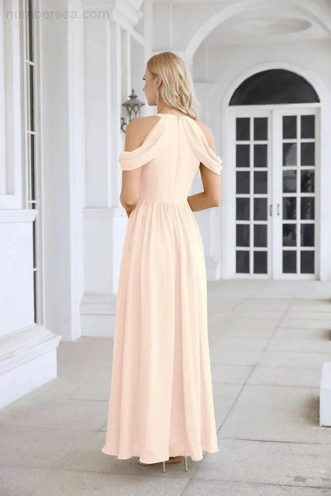 Ladies Chiffon Off Shoulder Swing Sleeve Front Slit Bridesmaid Evening Dress Wedding Party Evening Dress 28117 (ZD17011)