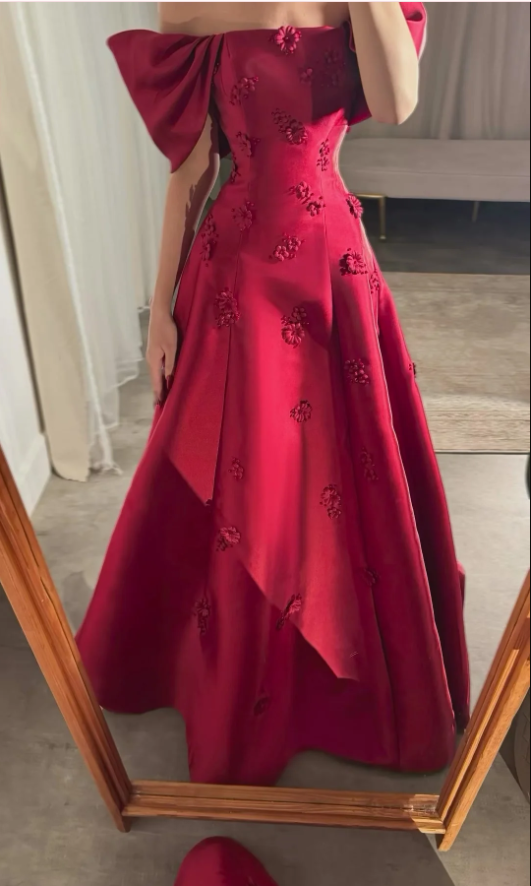 Burgundy Off The Shoulder Satin Appliques Evening Dress Classy Mermaid Party Dress - VelvetHem