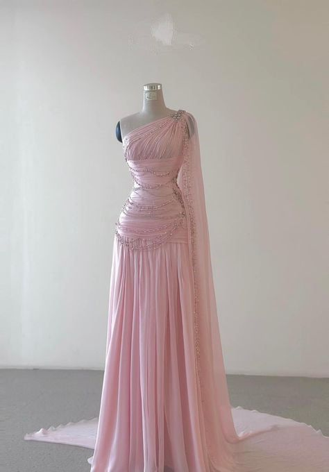 Vintage One Shoulder Pink Beaded A Line Chiffon Evening Dress Elegant Prom Dress
