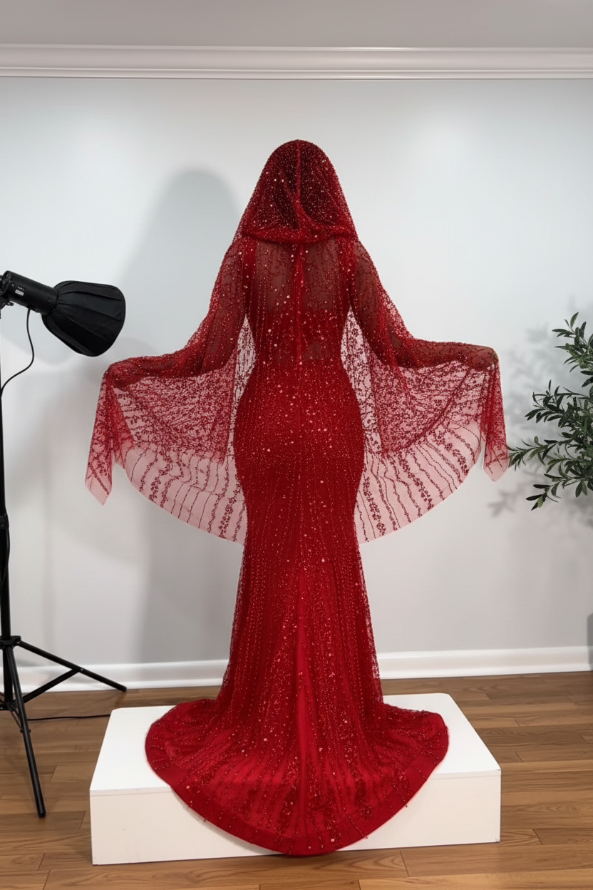 The Ruby Heiress - 2026 Hand-Beaded Crimson Mermaid Gown with Matching Crystal-Encrusted Hooded Veil (ZD17402)