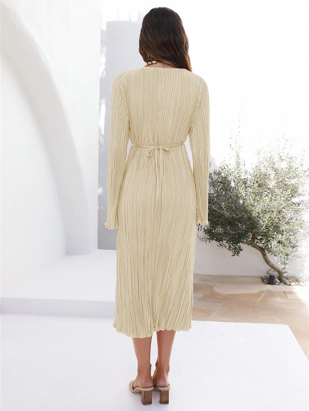 Mountain Vistas Draped Pleated Bell Sleeve Midi Dress