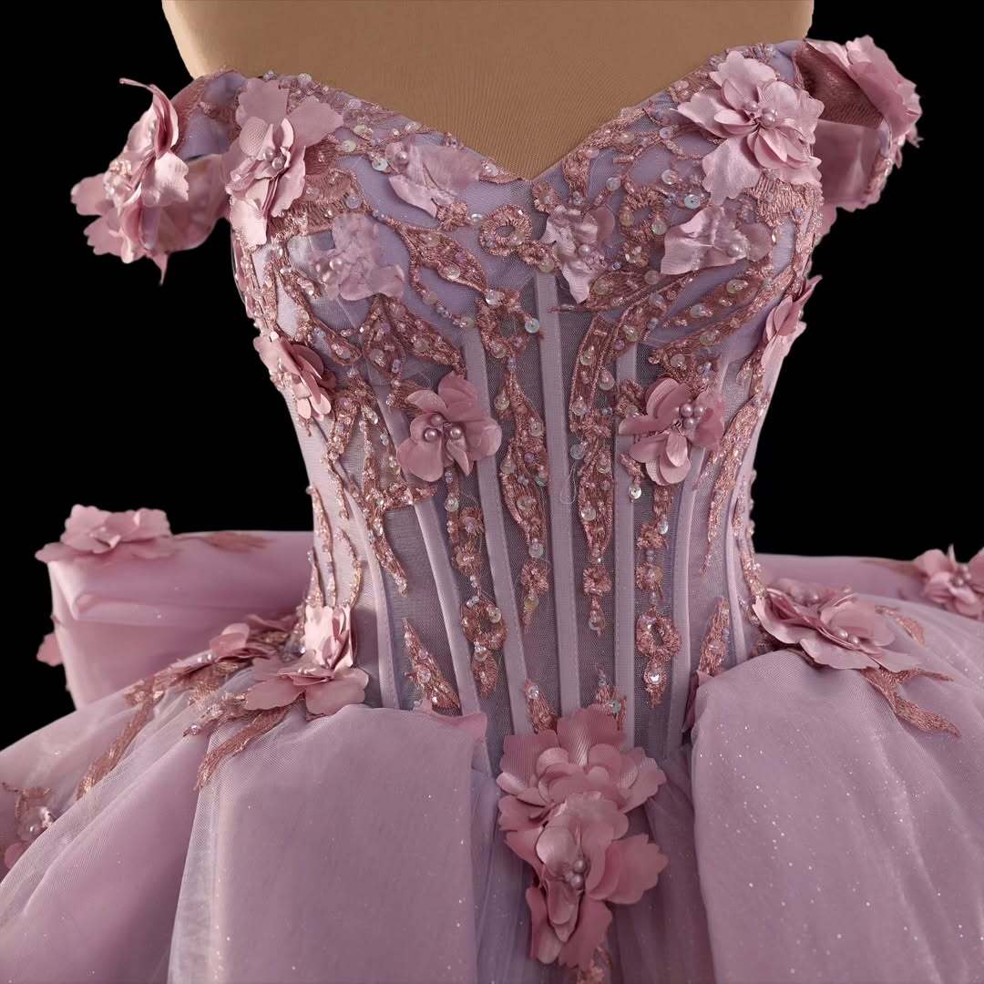 Princess A Line Off the Shoulder Pink Ball Gown Quinceanera Dress with Appliques Bowknot - View 4 | VelvetHem