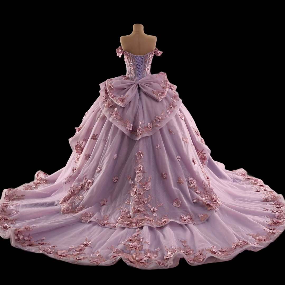 Princess A Line Off the Shoulder Pink Ball Gown Quinceanera Dress with Appliques Bowknot - View 2 | VelvetHem