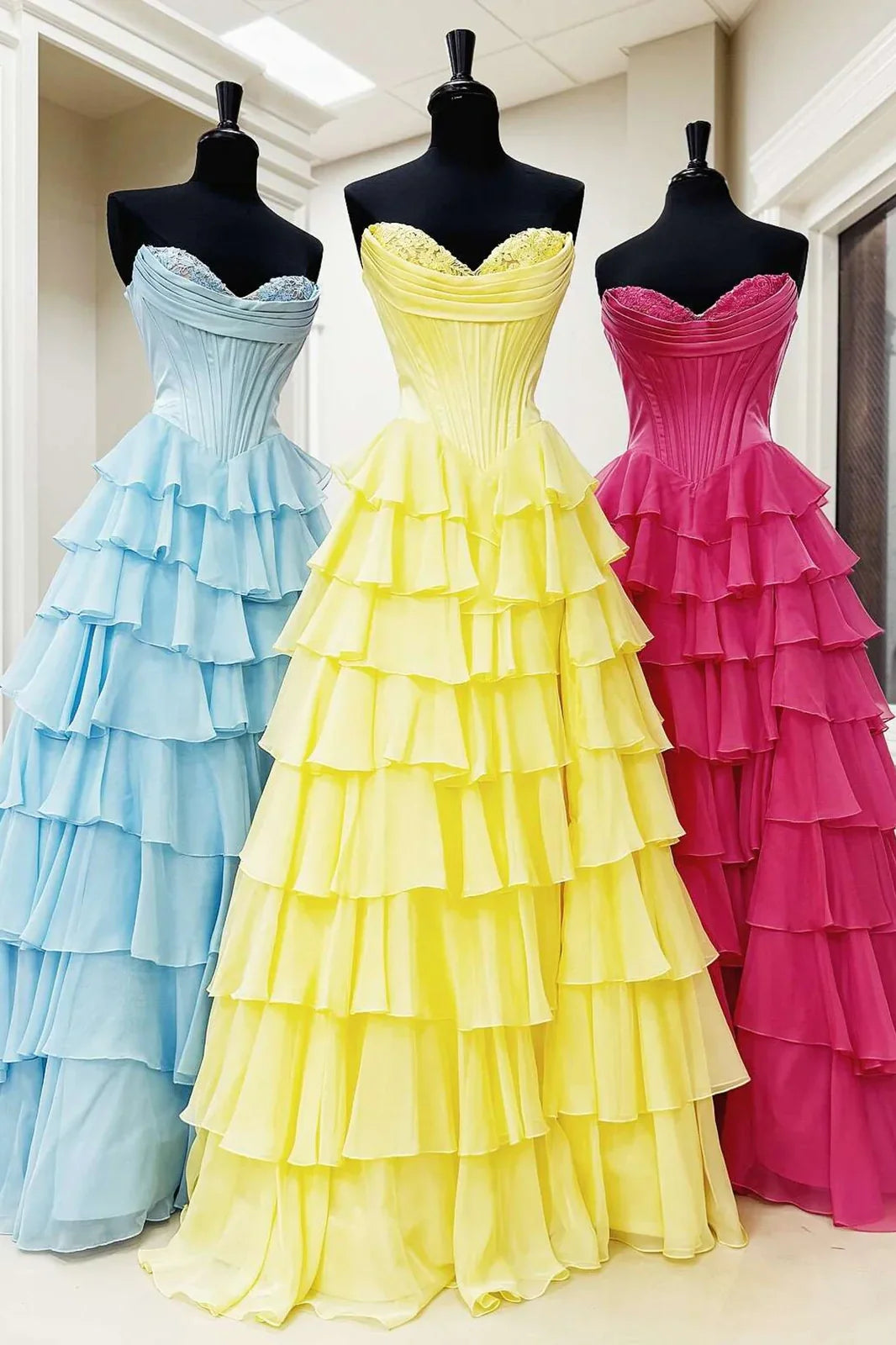 Stunning A-Line Sweetheart Satin Top Long Tiered Chiffon Prom Dress with Slit