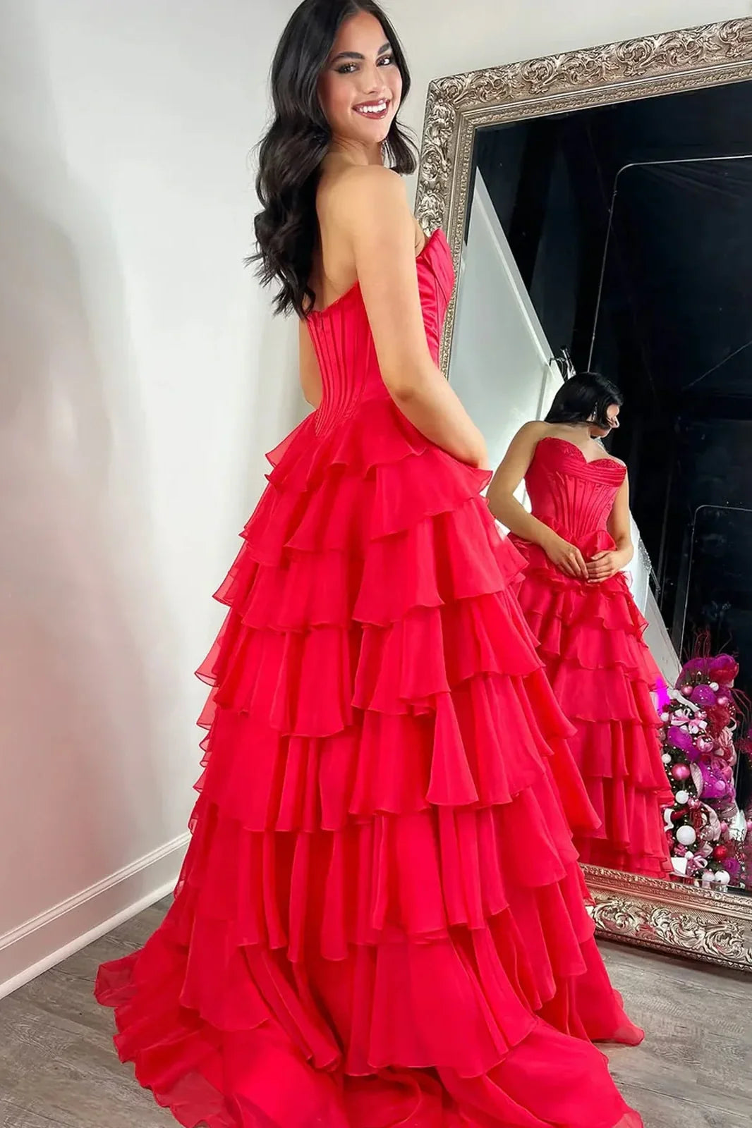 Stunning A-Line Sweetheart Satin Top Long Tiered Chiffon Prom Dress with Slit