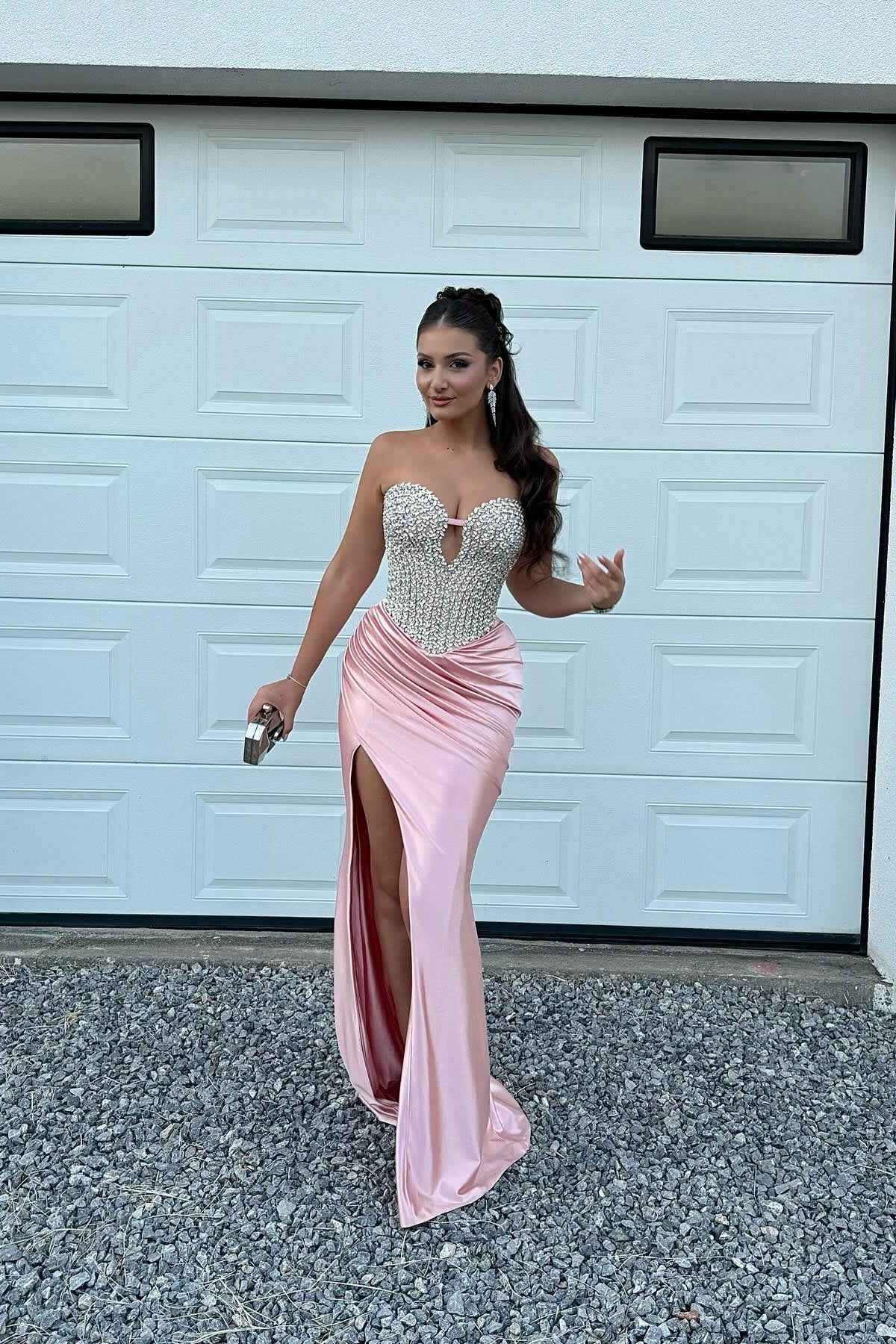 Gorgeous Mermaid Spaghetti Straps Pink Long Prom Dress with Beading - View 3 | VelvetHem