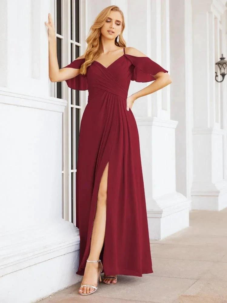 Numbersea Cold Shoulder Long Bridesmaid Dresses Side Slit Formal Prom Gowns Party Wedding 28070 by numbersea