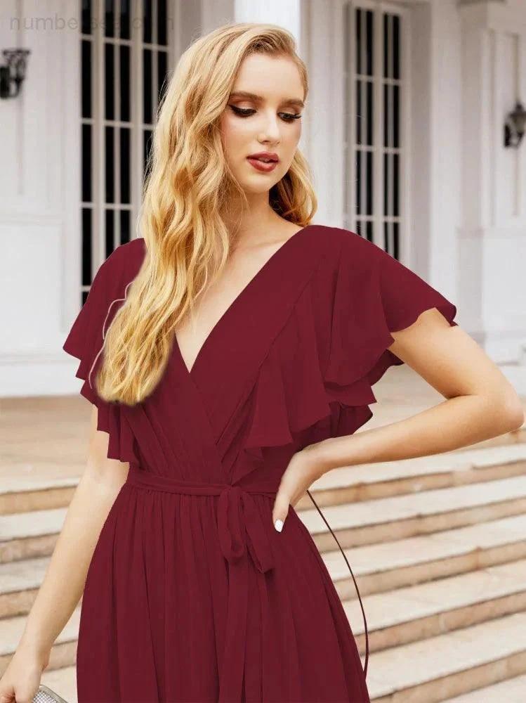 ZapDress Women's Open Back Formal Evening Party Prom Gowns V-Neck Long Chiffon Bridesmaid Dresses with Waist Belt 28038 (ZD17000)