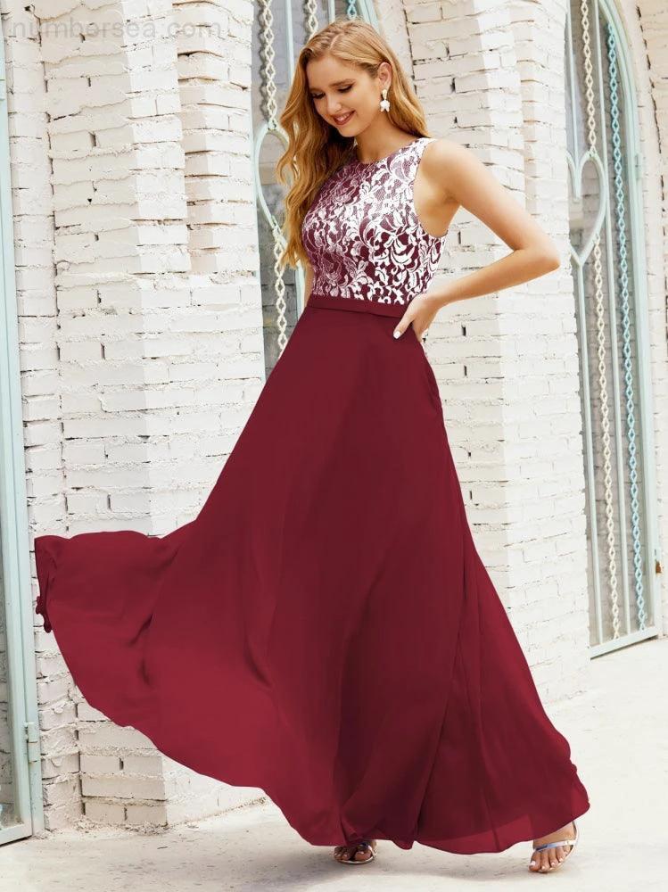 Lace Bridesmaid Dress Floor Length Evening Gowns with Pockets 28017 (ZD16964)