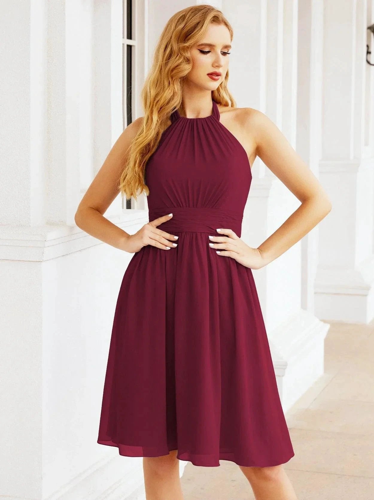 ZapDress Halter Chiffon Bridesmaid Dresses Short Sleeveless Formal Party Dress Open Back 28023 (ZD16957)