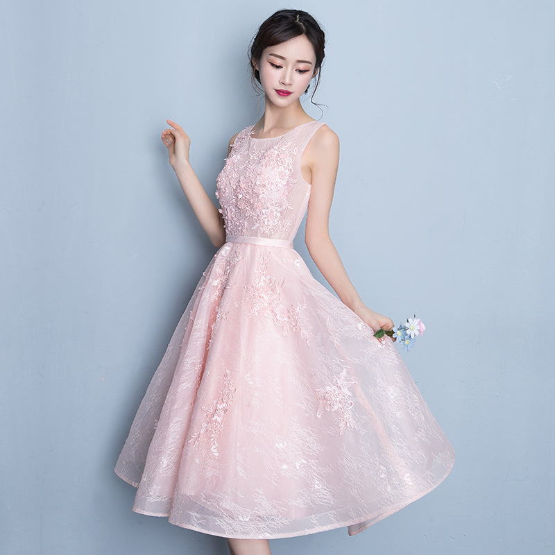 Pink round neck lace short prom dress, lace evening dress
