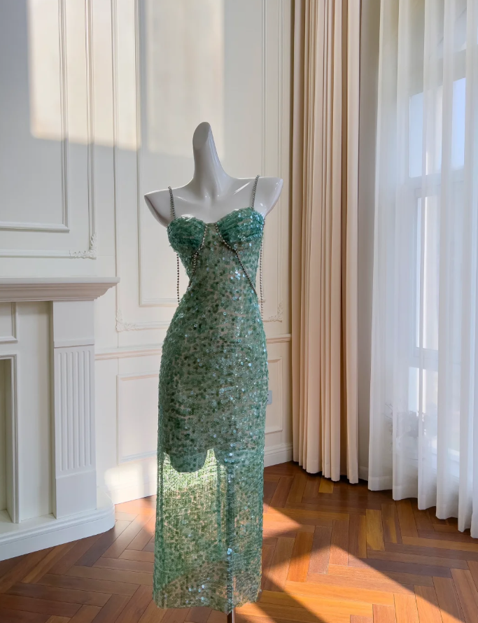 Sparkly Green Sequin Beaded Evening Dress Sexy Prom Dress Y8578 - VelvetHem