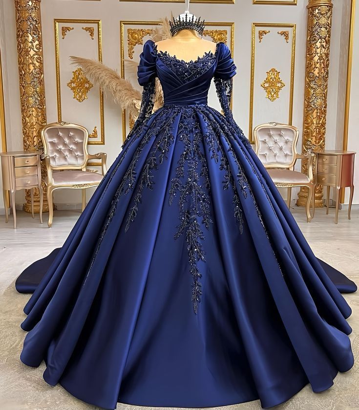 Elegant Navy Blue O-Neck Sequined Appliques Long Sleeves Quinceanera Evening Dress Ball Gown Floor Length Princess Prom Dress fg6858 - VelvetHem