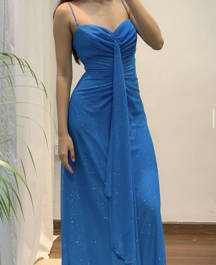 Spaghetti Straps Blue A Line Long Prom Dress Sparkling Vintage Formal Party Gown fg6928 - VelvetHem