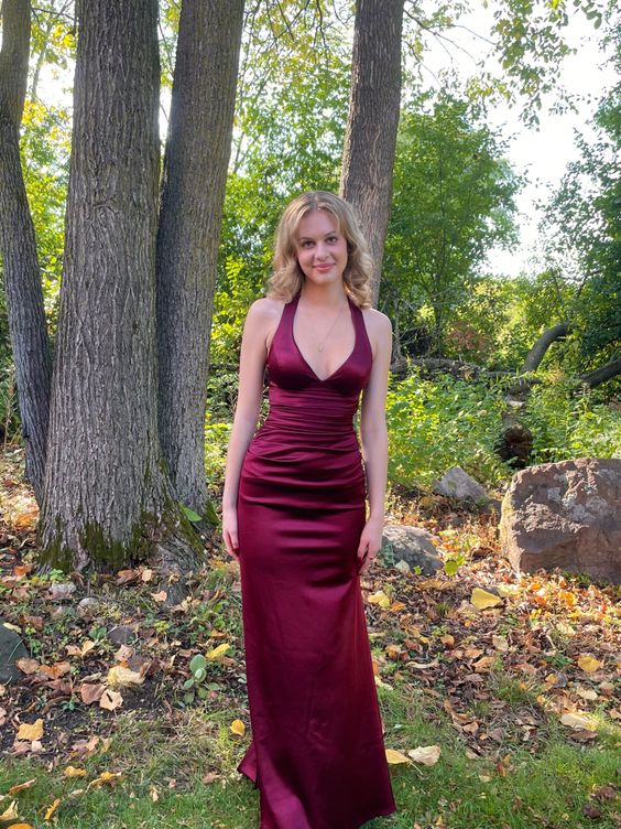 Simple Burgundy V Neck Long Party Dress Formal Prom Dress fg6917 - View 2 | VelvetHem