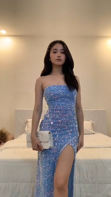 Strapless Blue Sequin Sexy Evening Dress fg6896 - VelvetHem