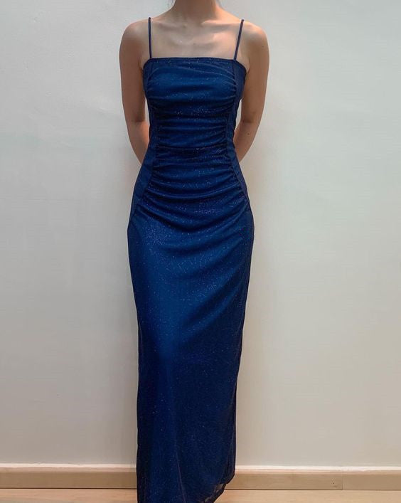Spaghetti Straps Navy Sheath Sparkly Long Prom Dresses fg6912 - VelvetHem