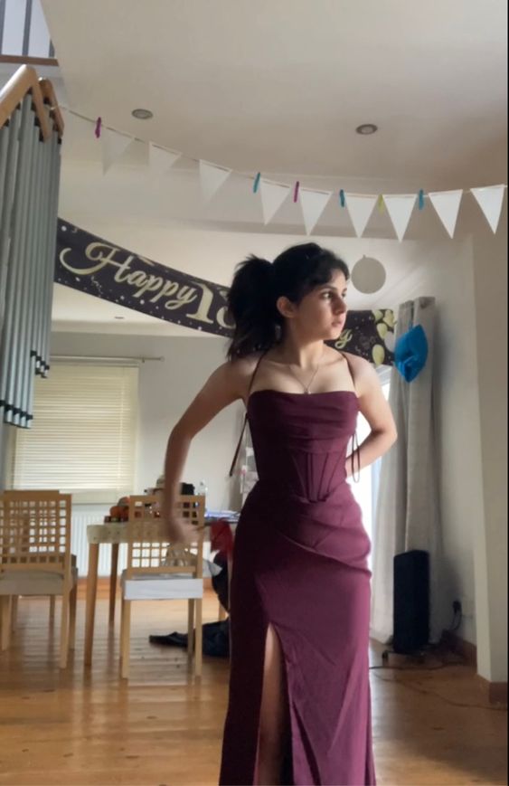 Maroon prom dress with corset, lace up back and high slit gown fg6920 - VelvetHem