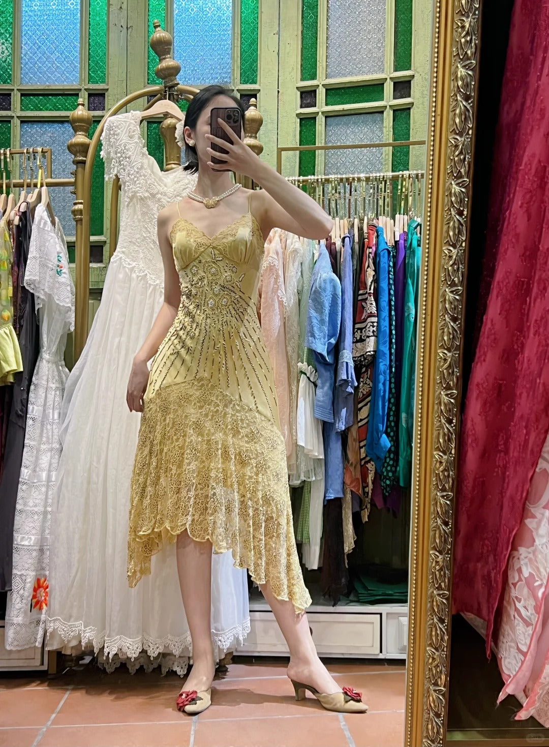 Retro Yellow Irregular Deep V Halter Lace Satin Prom Dress Evening Dress - VelvetHem