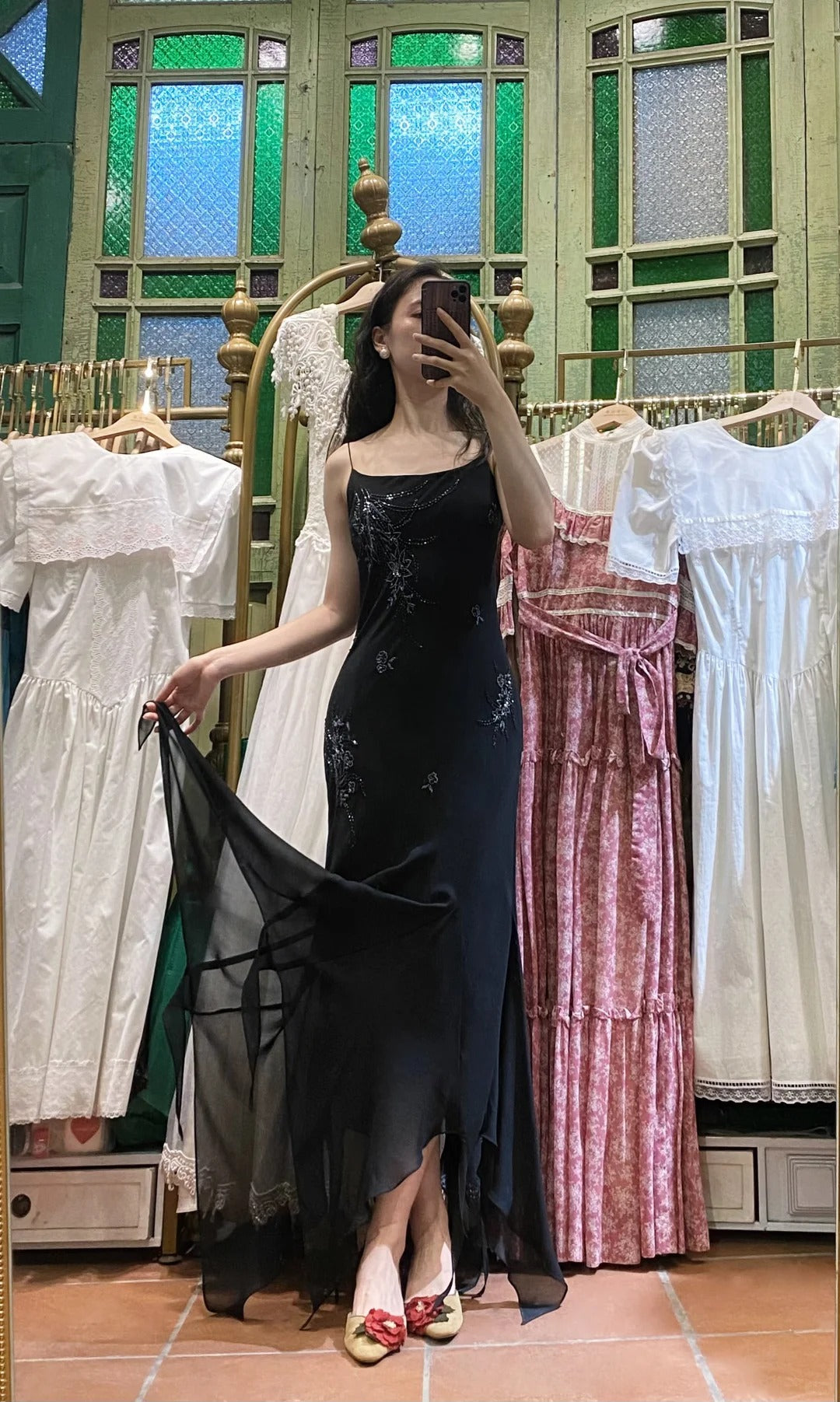 Elegant Black Irregular Strap Beaded Chiffon Long Prom Dress Evening Dress - VelvetHem