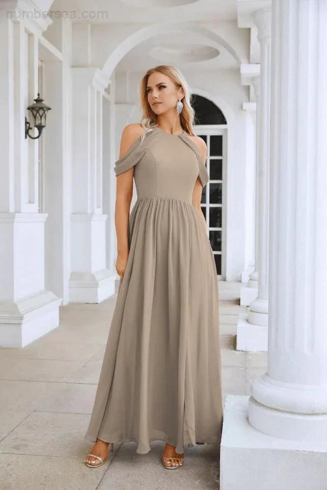 Ladies Chiffon Off Shoulder Swing Sleeve Front Slit Bridesmaid Evening Dress Wedding Party Evening Dress 28117 (ZD17011)
