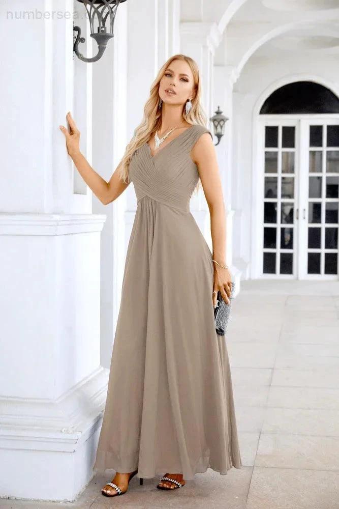 Ladies Chiffon V Neck Sleeveless Floor Length Bridesmaid Evening Dress Wedding Party Evening Dress 28126 (ZD16989)