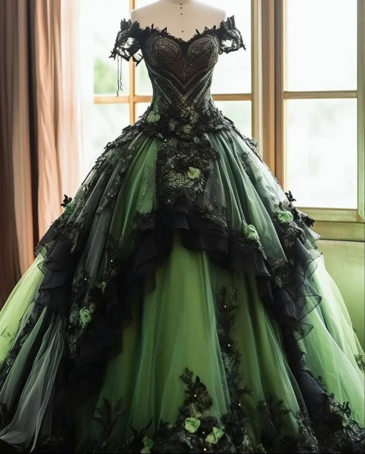 Off Shoulder Black And Green Tulle Appliques Quinceanera Dress A Line Ball Gown - VelvetHem