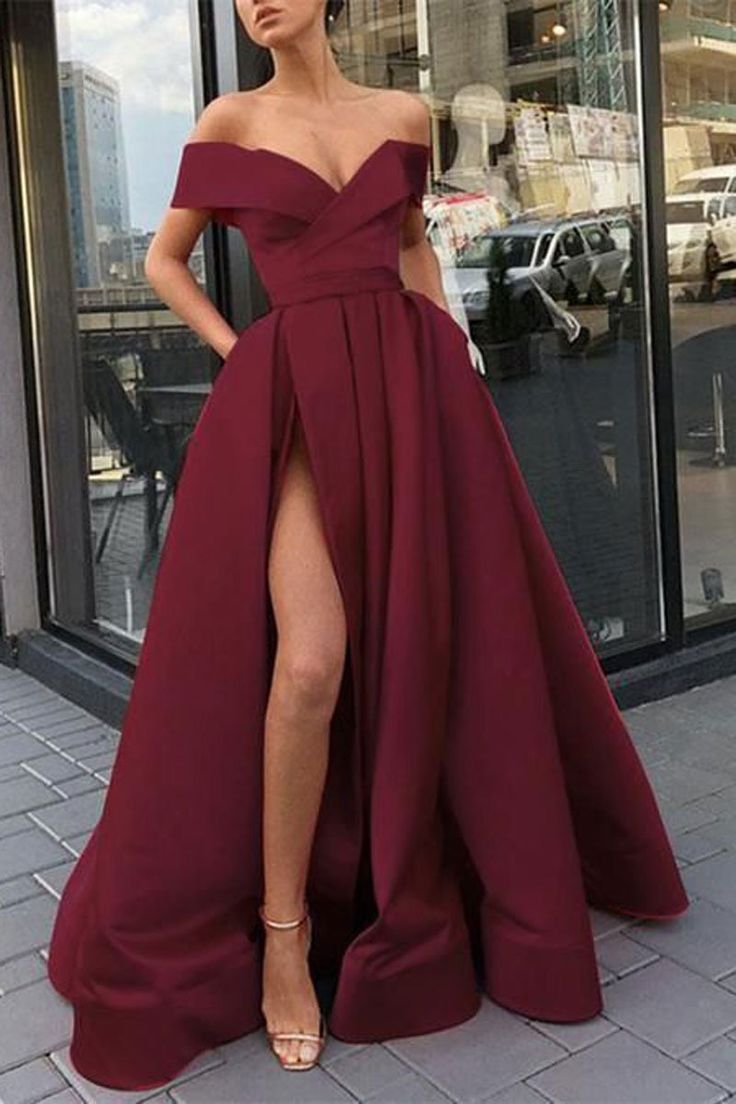 Burgundy v neck satin off shoulder long prom dress burgundy evening dress - VelvetHem