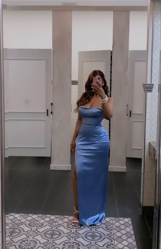 Blue Mermaid Long Prom Dress Charming Evening Dress With Side Slit - VelvetHem