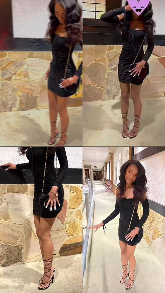 Black Bodycon Dress Short Sexy Party Dress With Long Sleeves - VelvetHem