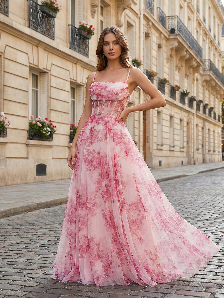 Pink Floral Corset Tulle Long Prom Dress with Delicate Spaghetti Straps - VelvetHem