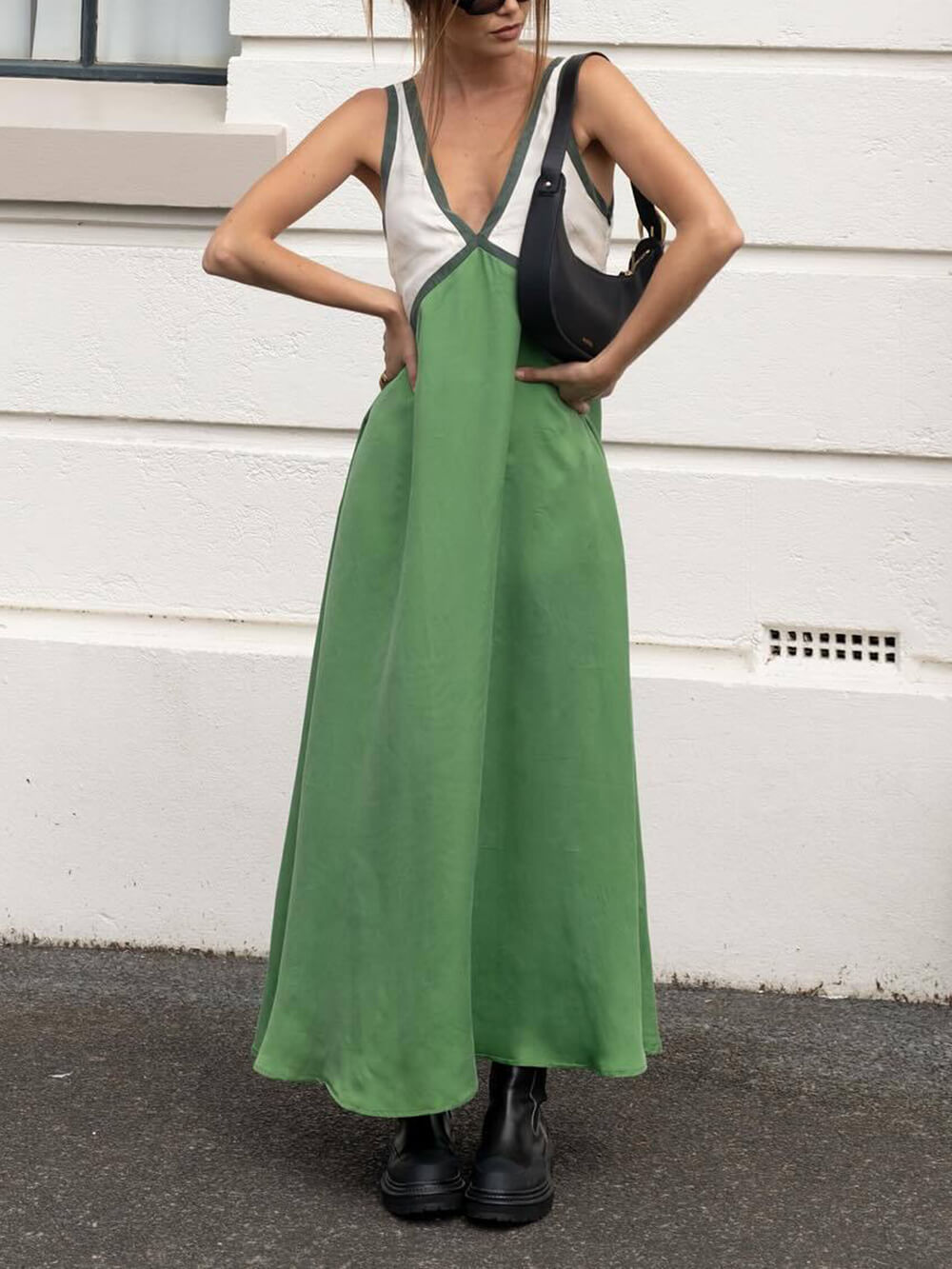 Splicing Chic V - neck Contrasting Color Dress