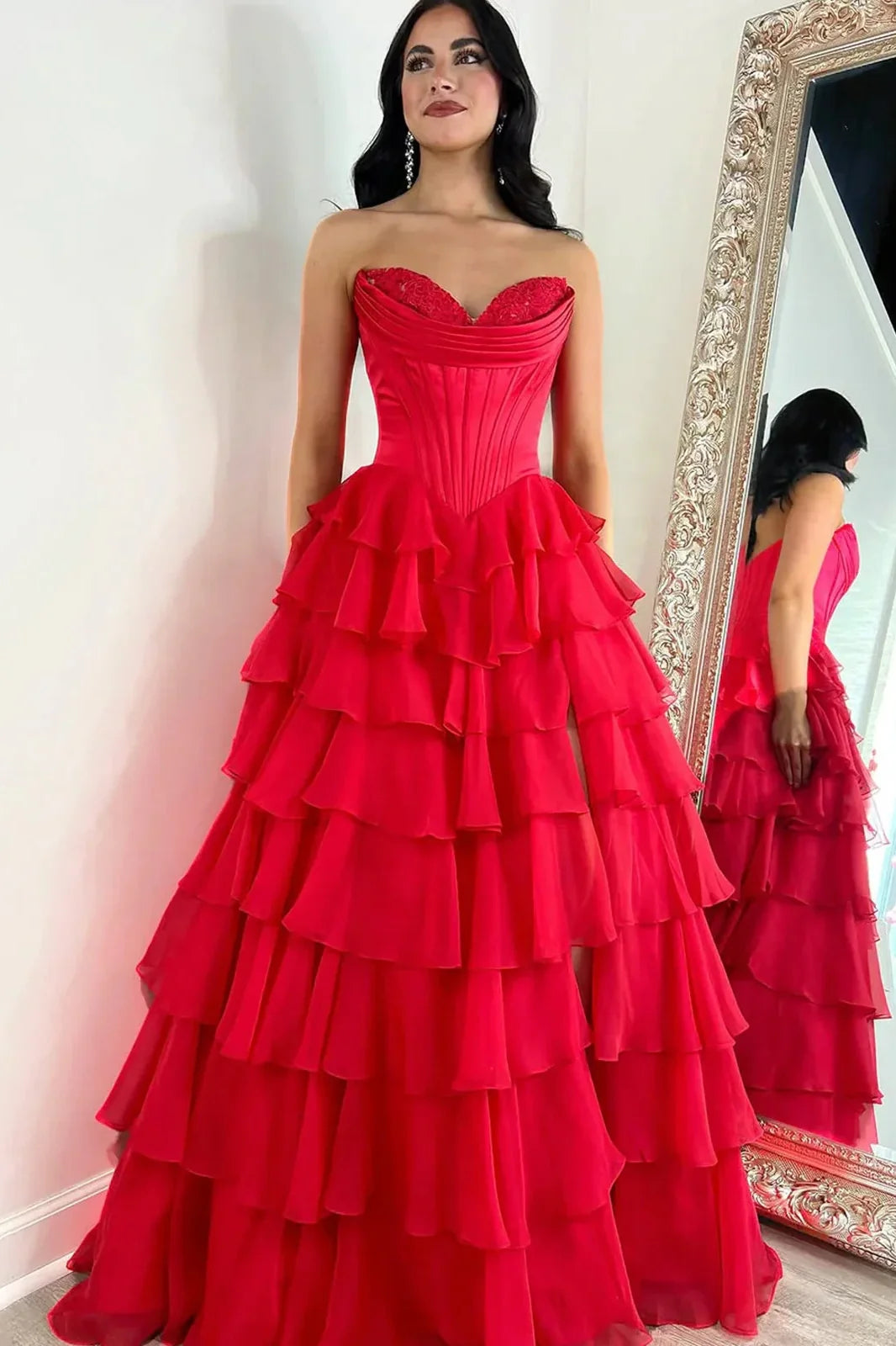 Stunning A-Line Sweetheart Satin Top Long Tiered Chiffon Prom Dress with Slit