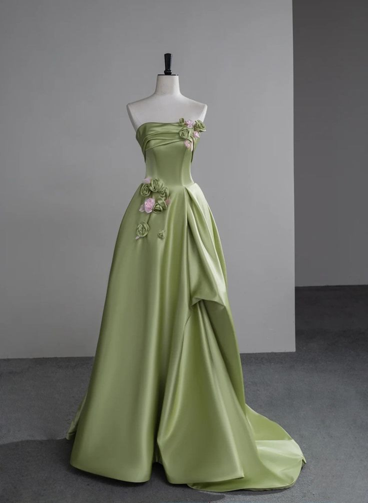 Elegant Green Satin Party Dress With Flowers, Green Long Prom Dress - VelvetHem