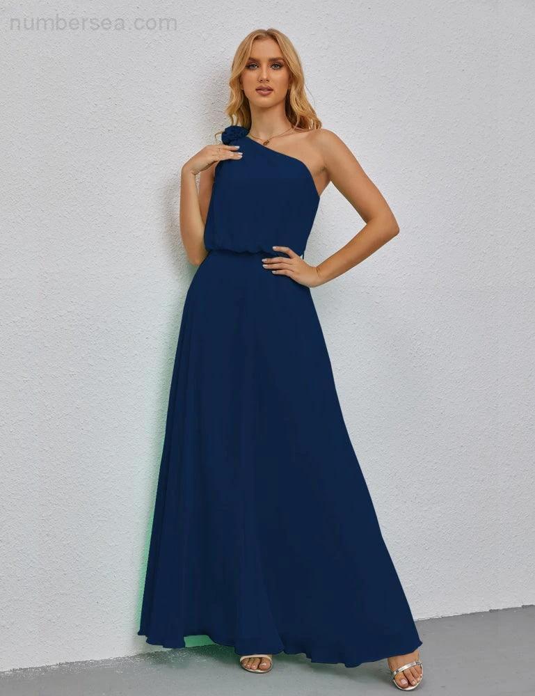 Ruffled One Shoulder Sleeveless Long Bridesmaid Dresses A-line Formal Evening Gown Side Split 28080 (ZD17018)