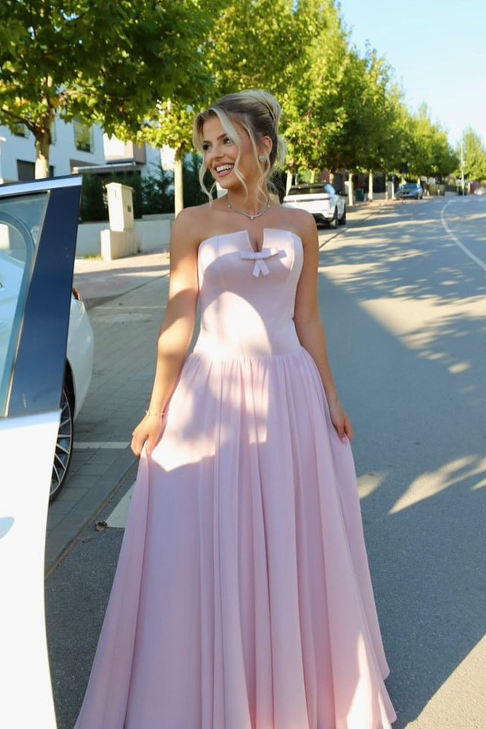 A Line Strapless Pink Corset Long Prom Dress with Bowknot