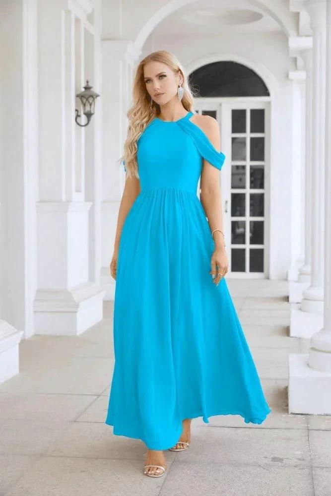 Ladies Chiffon Off Shoulder Swing Sleeve Front Slit Bridesmaid Evening Dress Wedding Party Evening Dress 28117 by numbersea