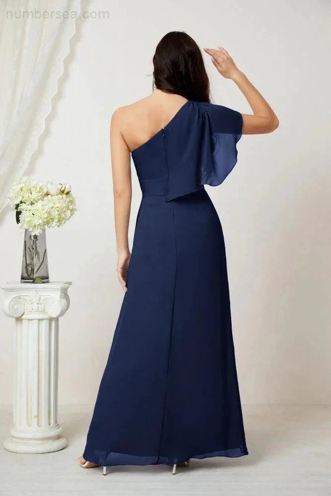 ZapDress Chiffon Ruffled One Shoulder Long Bridesmaid Dresses A-line Formal Evening Gown Side Split 2809 (ZD17049)