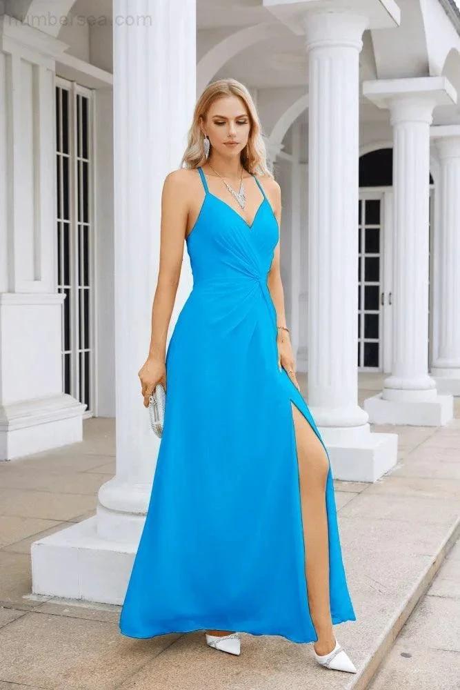 Ladies Chiffon Spaghetti Strap V Neck Front Slit Floor Length Bridesmaid Evening Dress Prom Party Wedding Evening Dress 28116 (ZD17012)